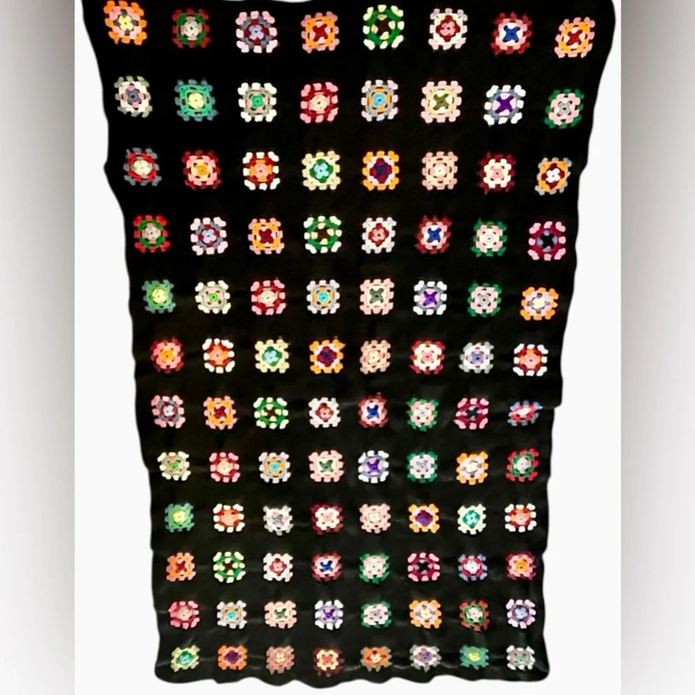 Vintage Crochet Granny Square Afghan Blanket – 52x88 Multicolor on Black